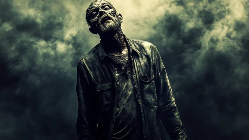 Decayed zombie figure emerging from toxic green fog.