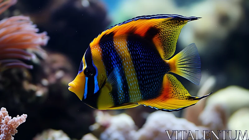Coral-reef jewel fish glides through shimmering blue hush.