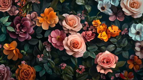 Layered Botanical Composition: Roses, Dahlias and Complementary Flora Against Deep Background.