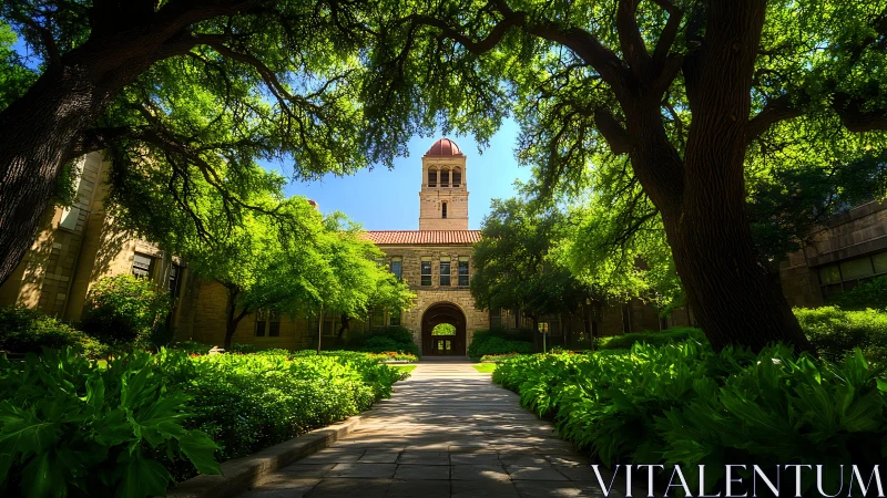 Symmetrical campus courtyard under dense arboreal canopy.