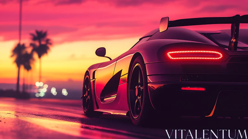 Rear view shows low sports car on wet road at sunset