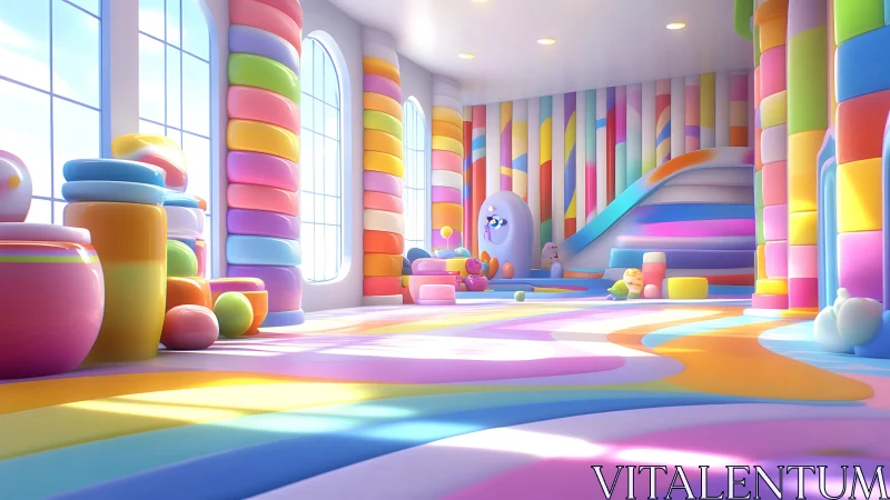 Pastel soft-body playroom with volumetric light and curved geometry