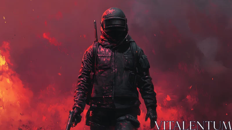 Armored soldier walks through red smoke and surrounding fire