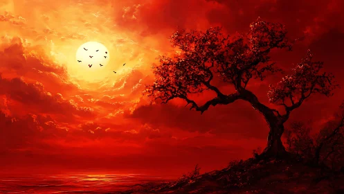 Glowing crimson sunset embracing a lone windswept tree.