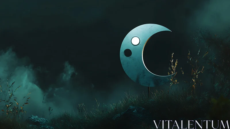 Metal crescent moon sculpture in foggy night field.