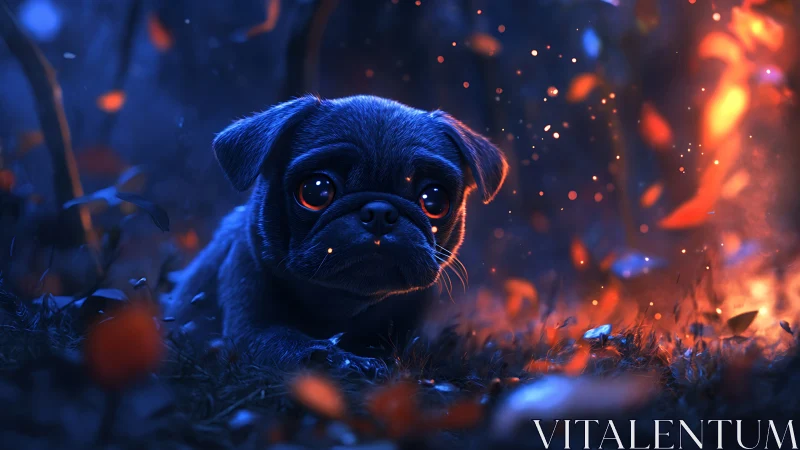 Small pug in glowing blue and orange forest scene.