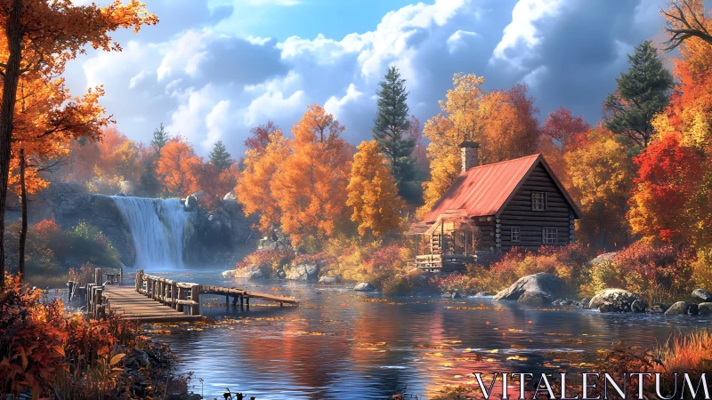 Lakeside log cabin with autumn forest and waterfall scene.
