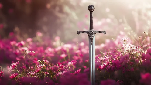 Photorealistic sword in luminous wildflower meadow composition.