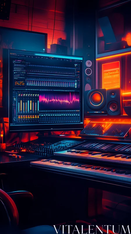 Neon-lit synth studio glows with cinematic digital waveforms.