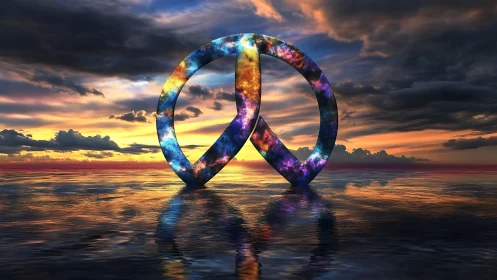 Peace symbol structure over reflective water at sunset.