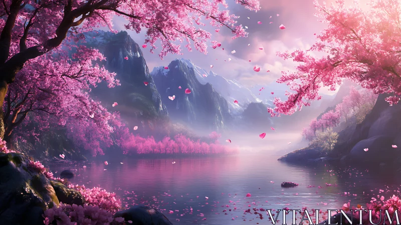 Blossom-kissed mountain lake in soft pink morning light.