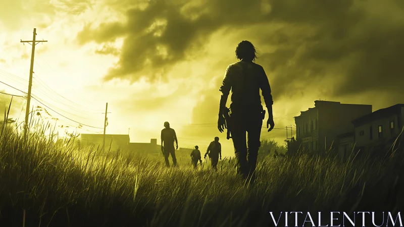 Silhouetted figures crossing grassy field toward town at dusk.