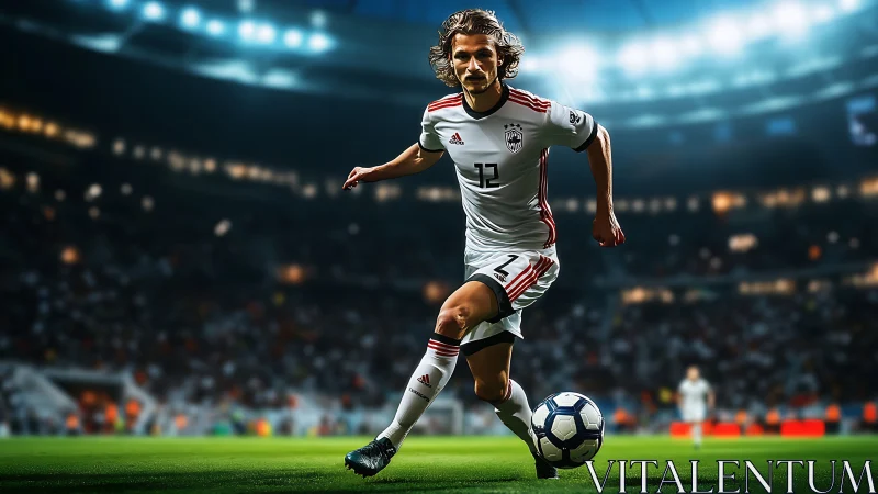 Dynamic football striker sprinting under stadium floodlights.