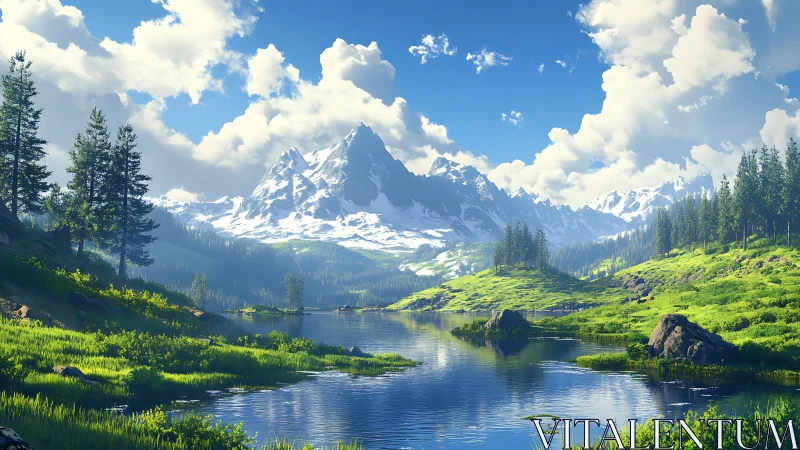 Alpine mirrorscape of snowcapped peaks and luminous pines.