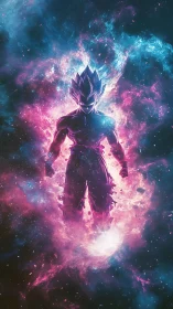 Cel-shaded figure centered in high-contrast cosmic energy field