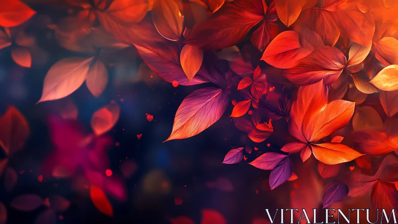 Glowing autumn leaves swirling in a dreamy twilight sky.