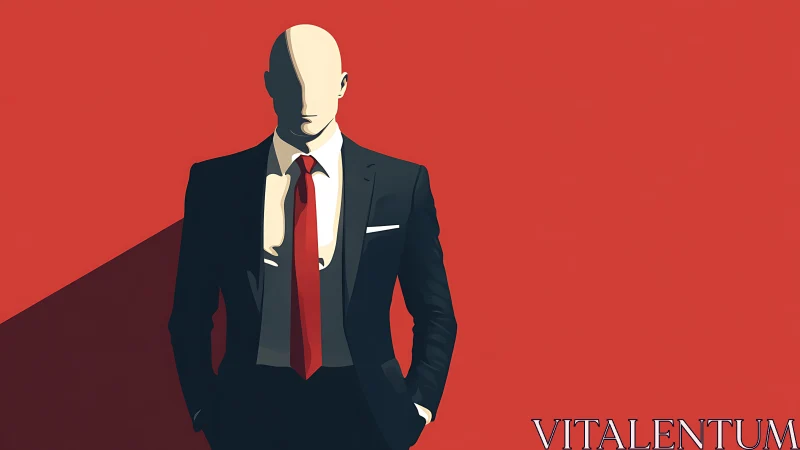 Sharp-suited faceless figure against bold red backdrop.