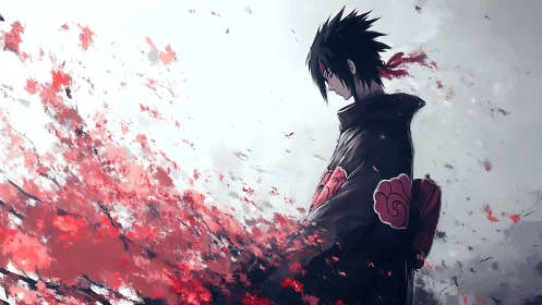 Silent rogue in crimson petals and storm-torn shadows.