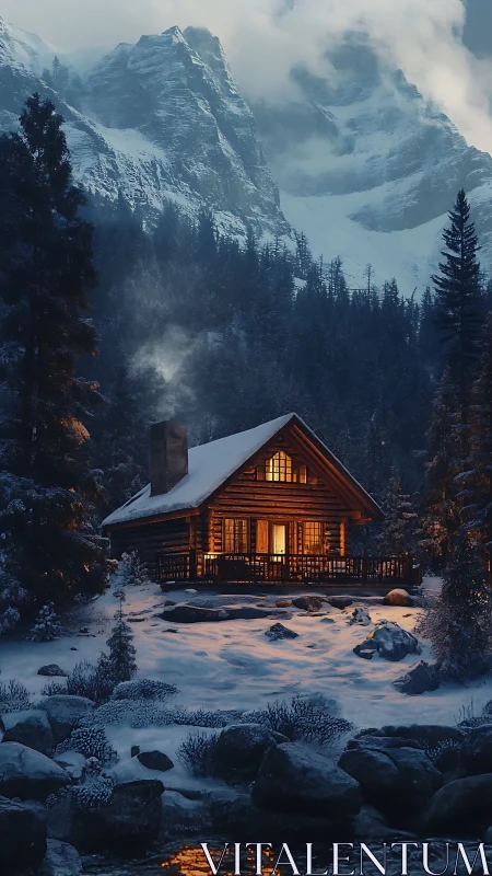 Cabin embers glow against brooding winter mountain giants.