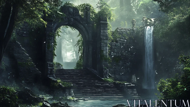 Mossy stone ruins welcome visitors beside a soft waterfall