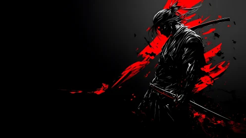 Crimson-shadow ronin waiting in the dark before violence breaks.