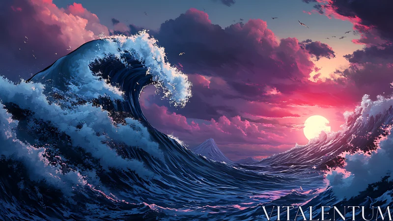 Crashing ocean wave meets neon pink sunset horizon glow.