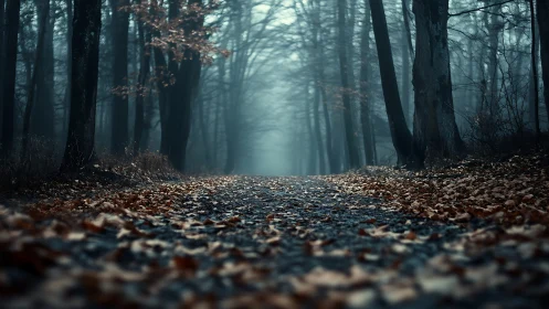 Misty Forest Path Through Ancient Trees and Fading Light.