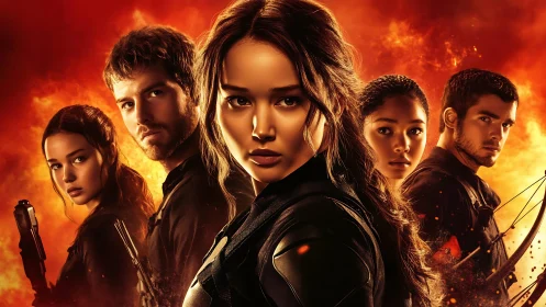 Centrally lit combat squad framed by high contrast fire background