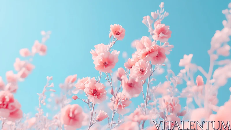 Pink carnation clusters against turquoise gradient sky with soft shallow depth.