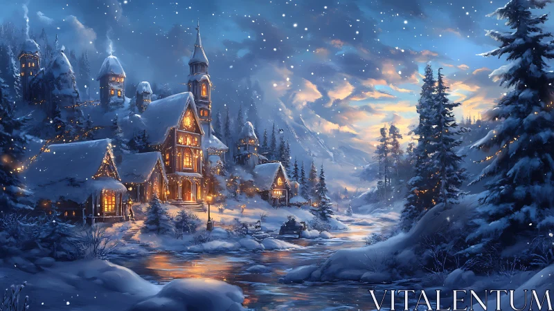 Snow-covered village with river under evening winter sky.