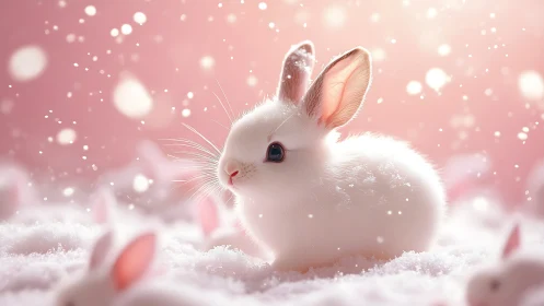 Snowy white bunny glows softly in a dreamy pink dusk