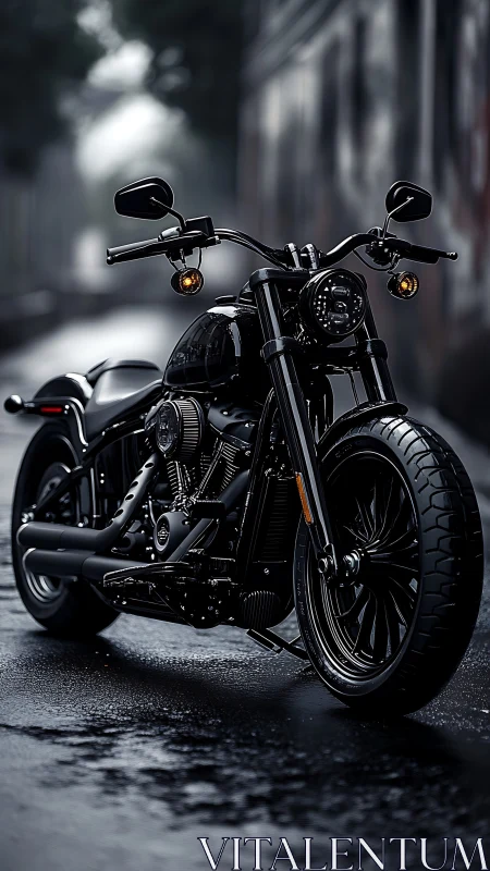 Matte black cruiser motorcycle on wet urban street at dawn.