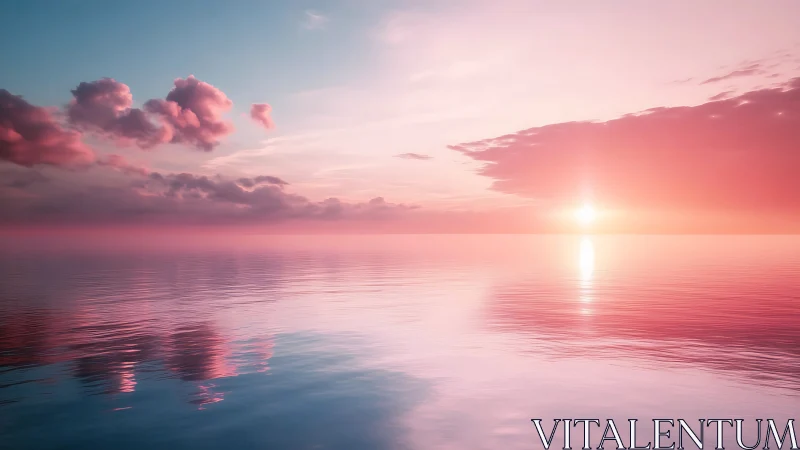 Radiometric sunset over specular ocean with pink cloudfields.