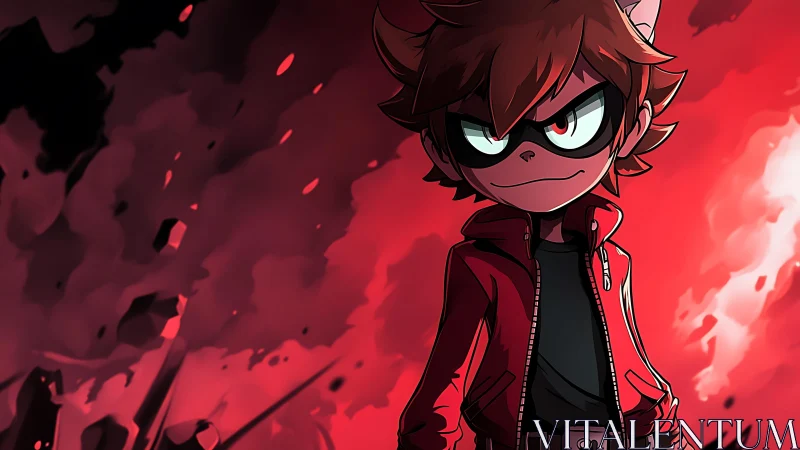 Anthropomorphic vigilante in red-lit explosive anime tableau.