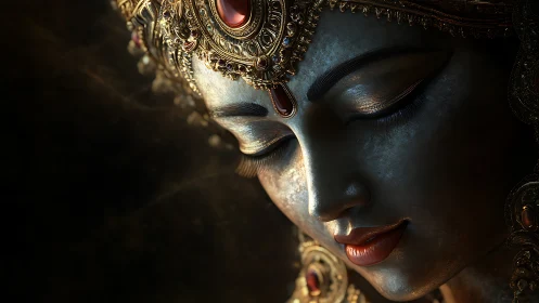 Golden quietude in a goddess’s softly illuminated face.