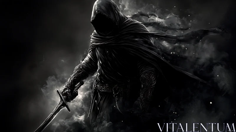 Shadow wraith swordsman emerges from swirling black mist.