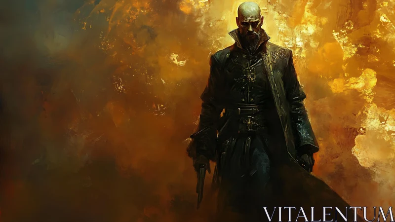 Gunfighter stalks through blazing abstract inferno backdrop.