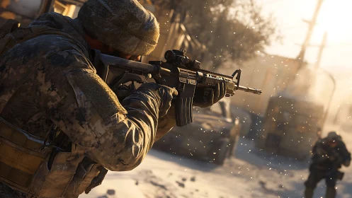 Military shooter character aiming rifle in snowy street scene.