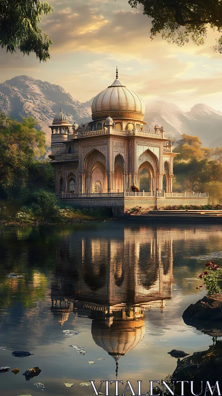 Mughal-style lakeside pavilion with golden dome reflection.