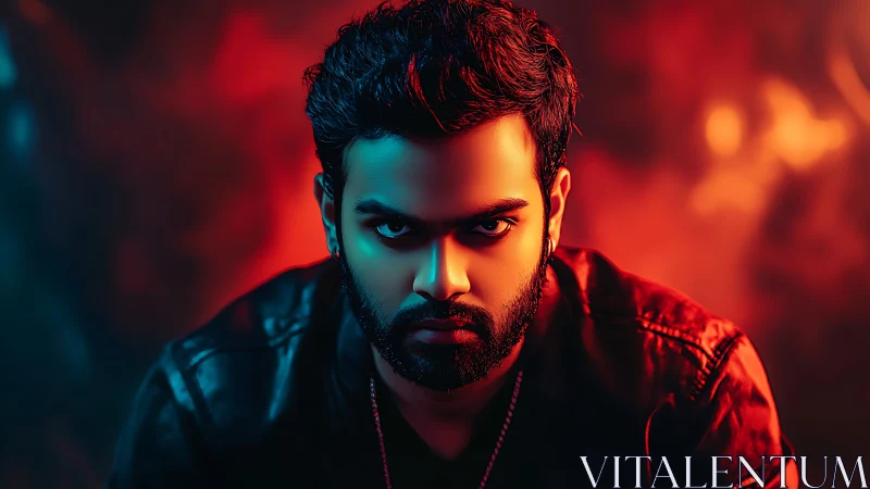 Intense portrait in glowing red and teal studio light.