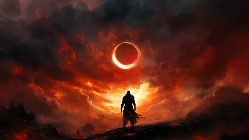 Lone warrior under eclipsed sun in blazing inferno sky.