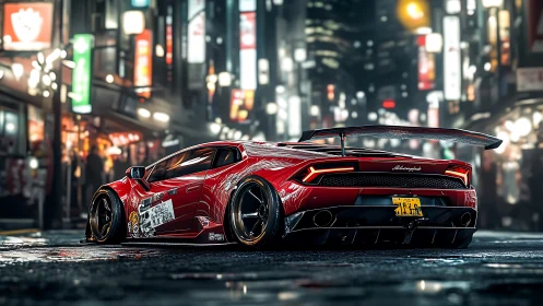 Midnight street racer gliding through neon city lights.