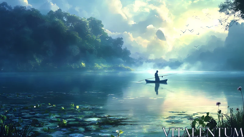 Solitary fisherman drifts on a misty lake at glowing sunrise