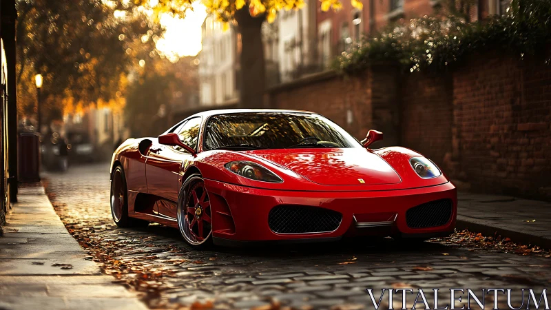 Red mid‑engine sports coup&eacute; on cobbled autumn street at dusk.