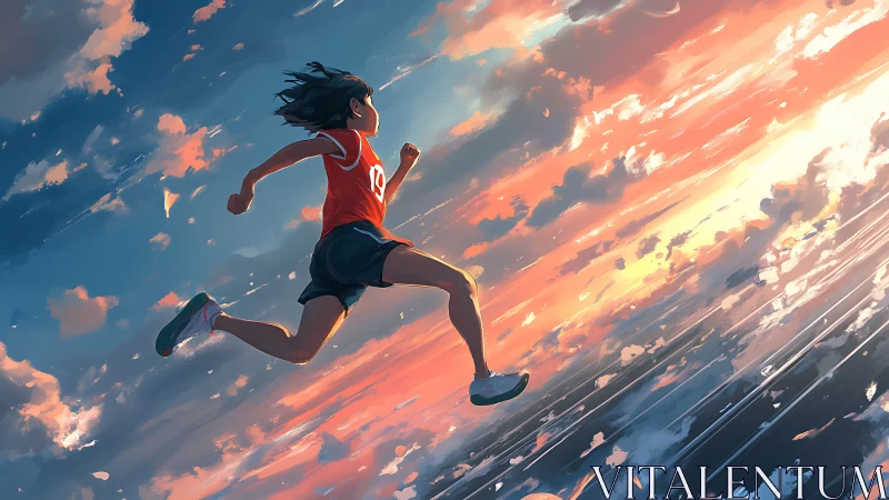 Runner girl soars across luminous sunset sky trail.