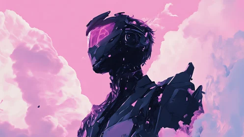 Neon armored figure rises calmly within cotton candy skies