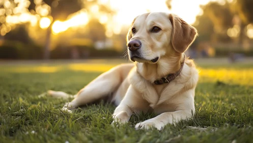 Golden retriever resting on grass in warm sunset light.