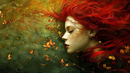 Autumn-tressed dreamer adrift in luminous emerald depths.