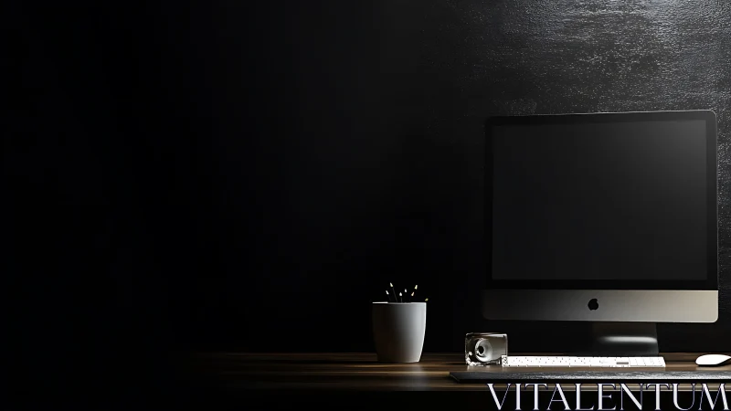 Minimalist workstation with iMac under dramatic low-key lighting.
