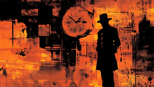 Mysterious silhouette waits beneath a glowing city clock.